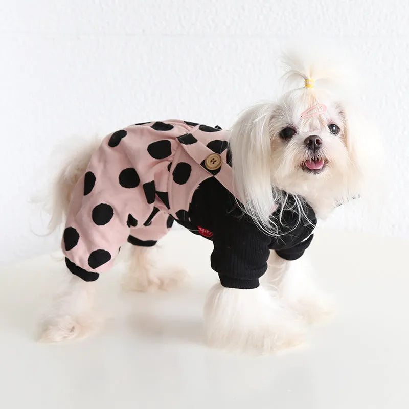Pet couple outfit set with lapel shoulder straps in cloth material, available in sizes XS through XL