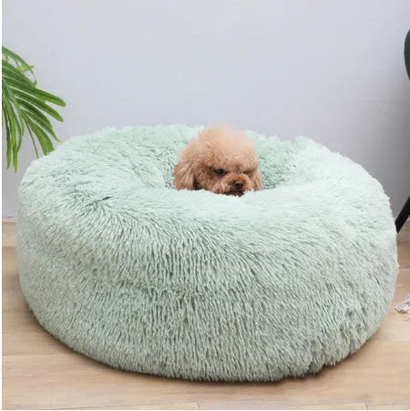 Round PV plush pet bed with raised rim in khaki colour for dogs and cats