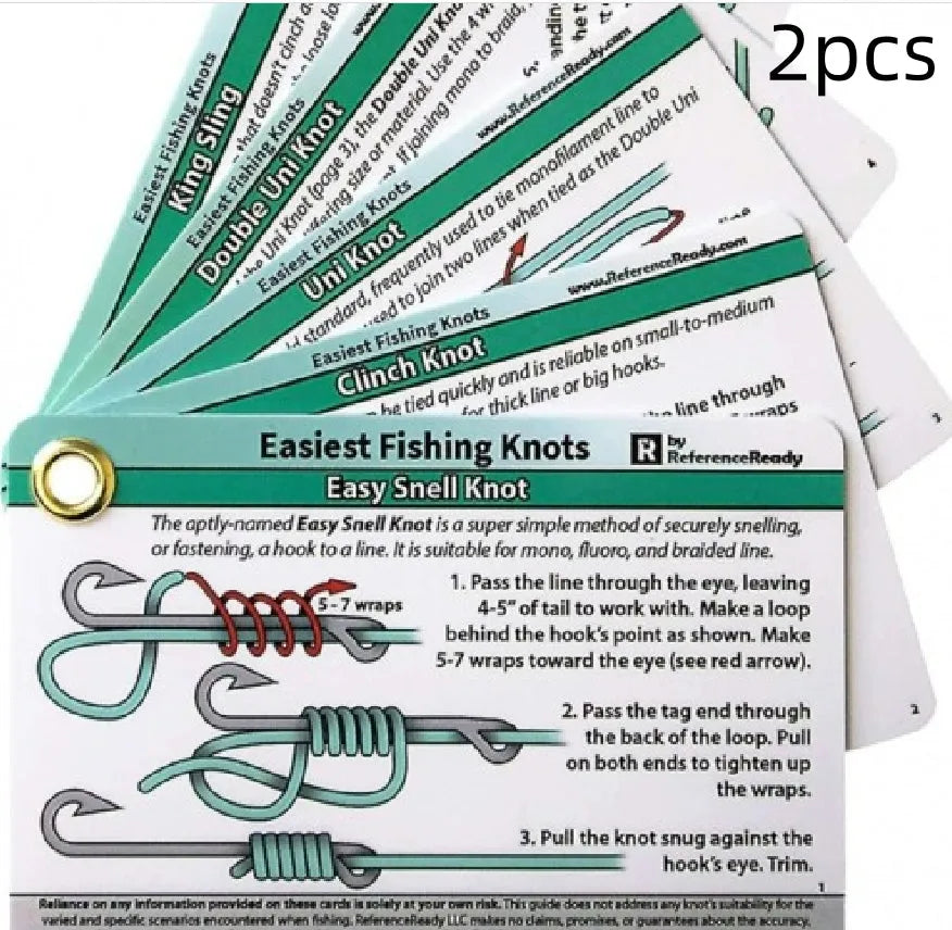 Set of 5 metal fishing knot diagram cards with clear knot illustrations on a metal surface