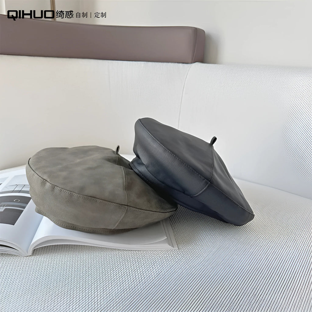 PU beret women's flat top leather hat in army green with satin lining and M size 56-58cm