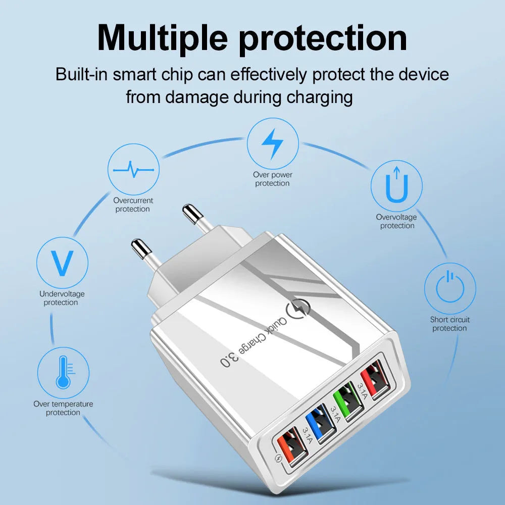 Multi-port USB charging head with four ports, PC+ABS housing in black, white, and blue options