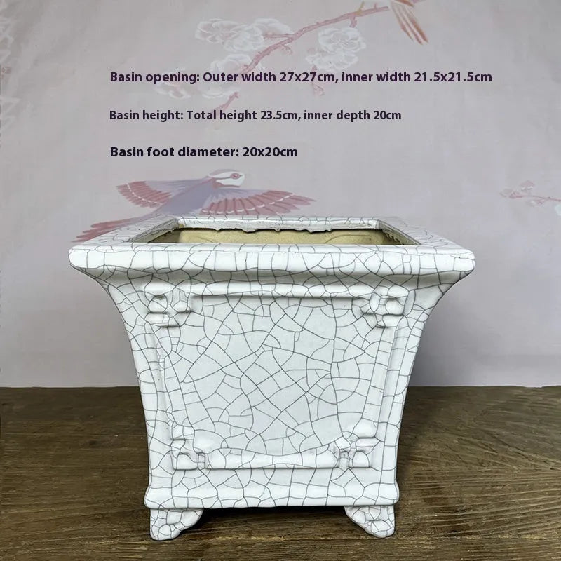 27cm square ceramic flower pot with white ice crack glaze finish for indoor orchids