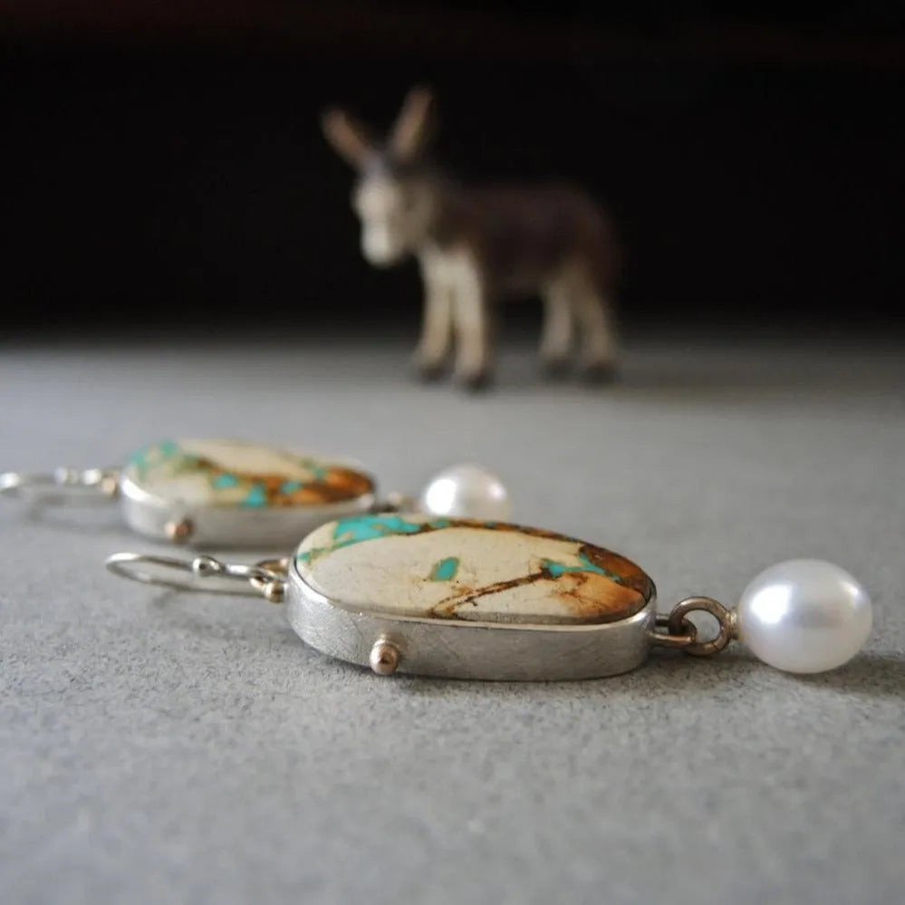 Vintage turquoise and pearl drop pendant earrings, alloy, electroplated, 45mm by 13mm colourful drop shape