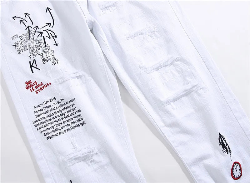 White shredded embroidery jeans for women cotton denim straight leg ankle length high waist distressed pants