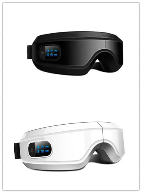 Black rechargeable eye massager with LCD screen, adjustable headband, and Bluetooth music player showing air pressure and hot compress functions