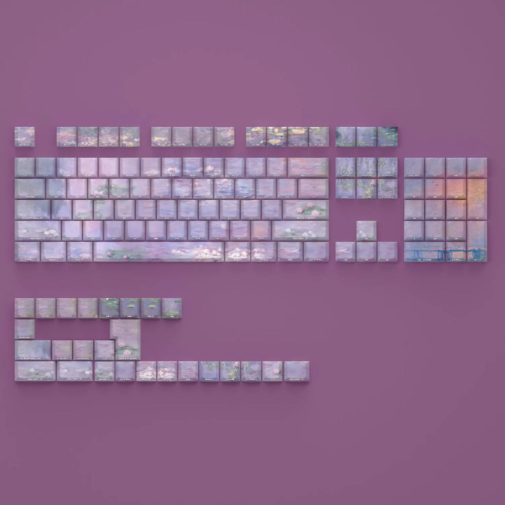 Wenshao Sleeping Lotus side-carved translucent PBT keycap set with 130 keys for mechanical keyboards.