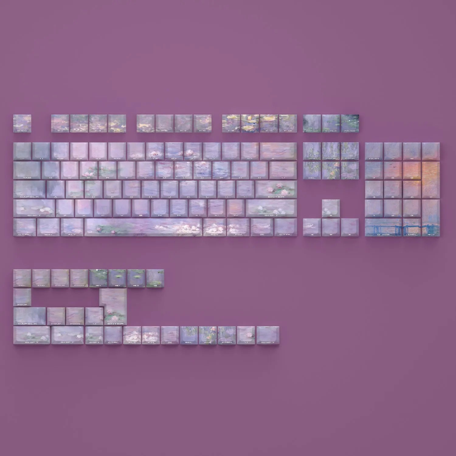 Wenshao Sleeping Lotus side-carved translucent PBT keycap set with 130 keys for mechanical keyboards.
