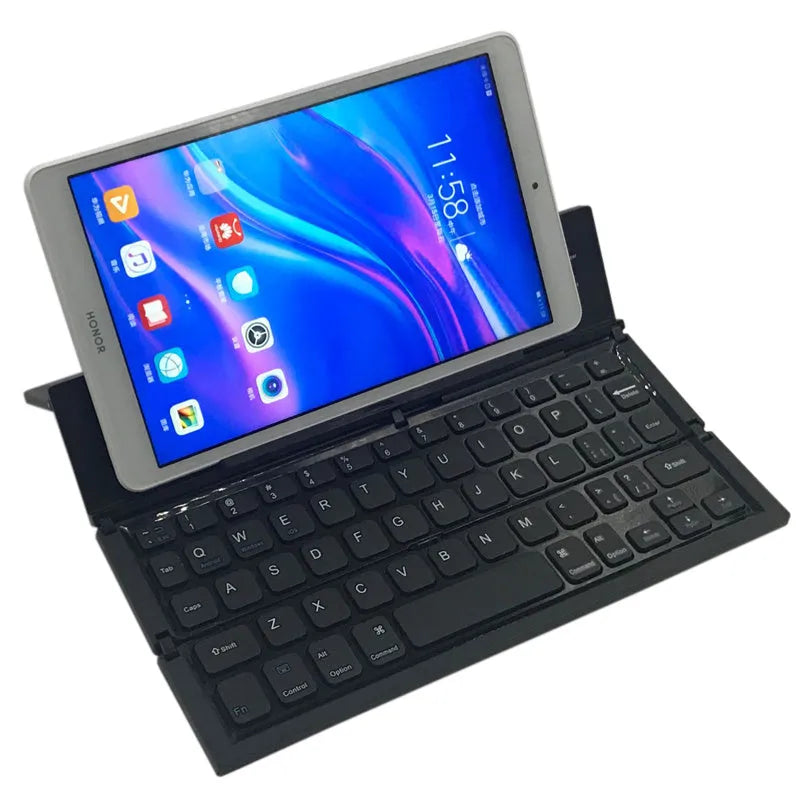 Black folding wireless Bluetooth keyboard for tablets showing compact 5.8-inch design with aluminium bottom and numeric keypad
