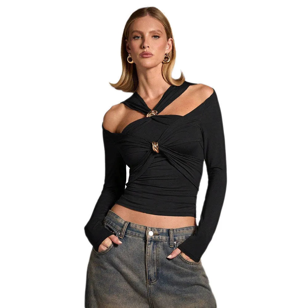 Black women's halter top with long sleeves and shoulder-baring design for slim fit fashion wear