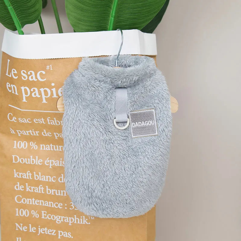 Coral fleece pet dog jacket with multi-colour pull rings in blue.