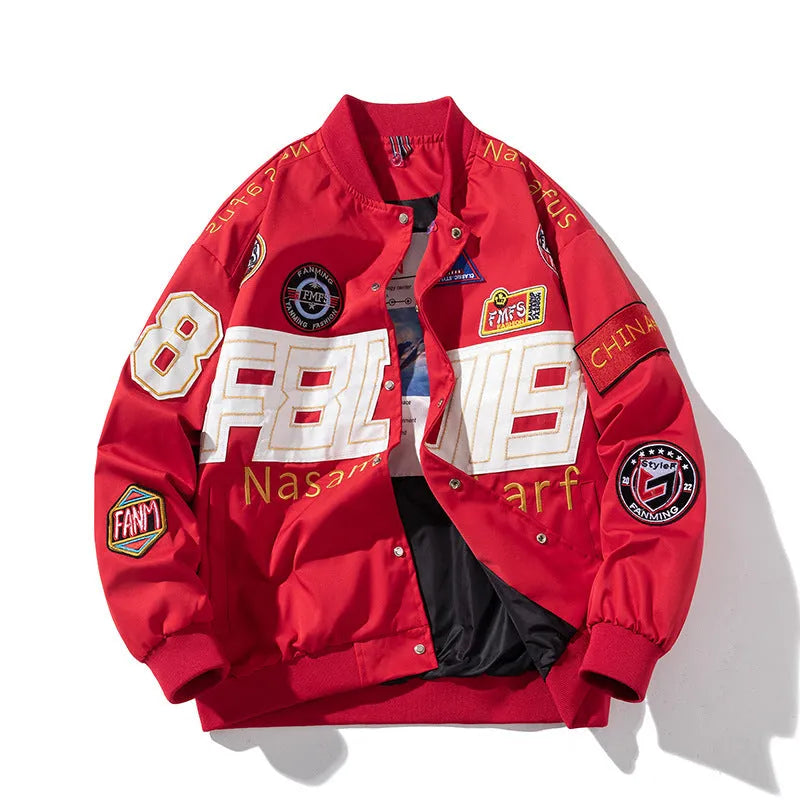 Black loose-fit motorcycle baseball jacket with a removable hood and side pocket.