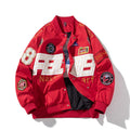 Black loose-fit motorcycle baseball jacket with a removable hood and side pocket.