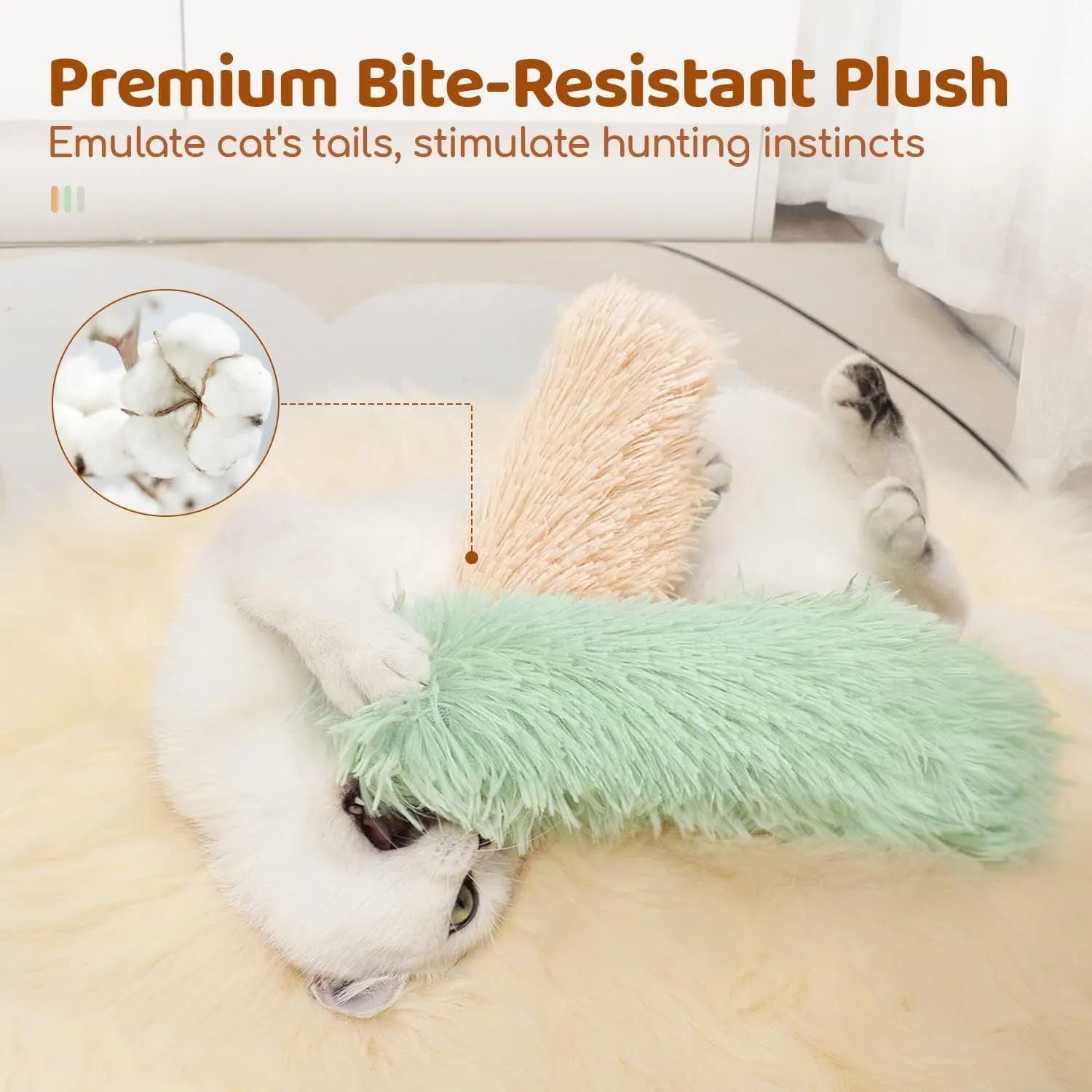 Green, white, blue, and pink plush cat toy pillow measuring 27 by 10 centimetres.