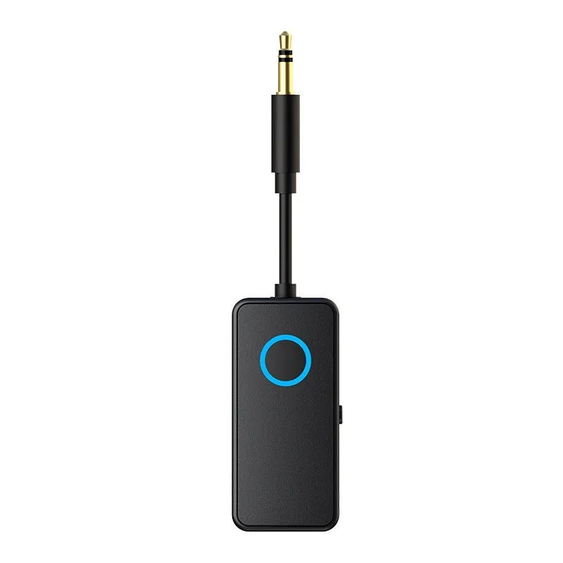 Small black Bluetooth audio adapter with a 3.5mm plug for wireless music streaming.