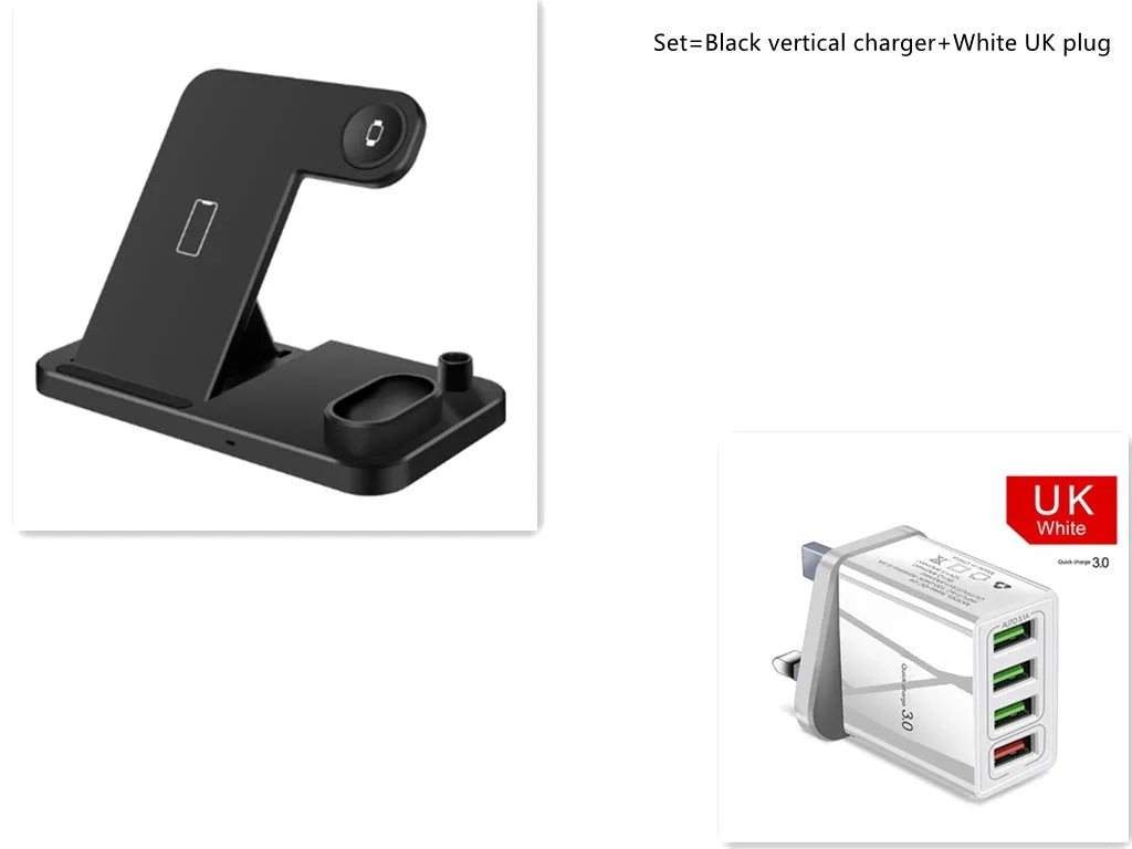 Black and white 4-in-1 wireless charging station showing phone on adjustable stand, Apple Watch, AirPods, and Apple Pencil charging simultaneously.