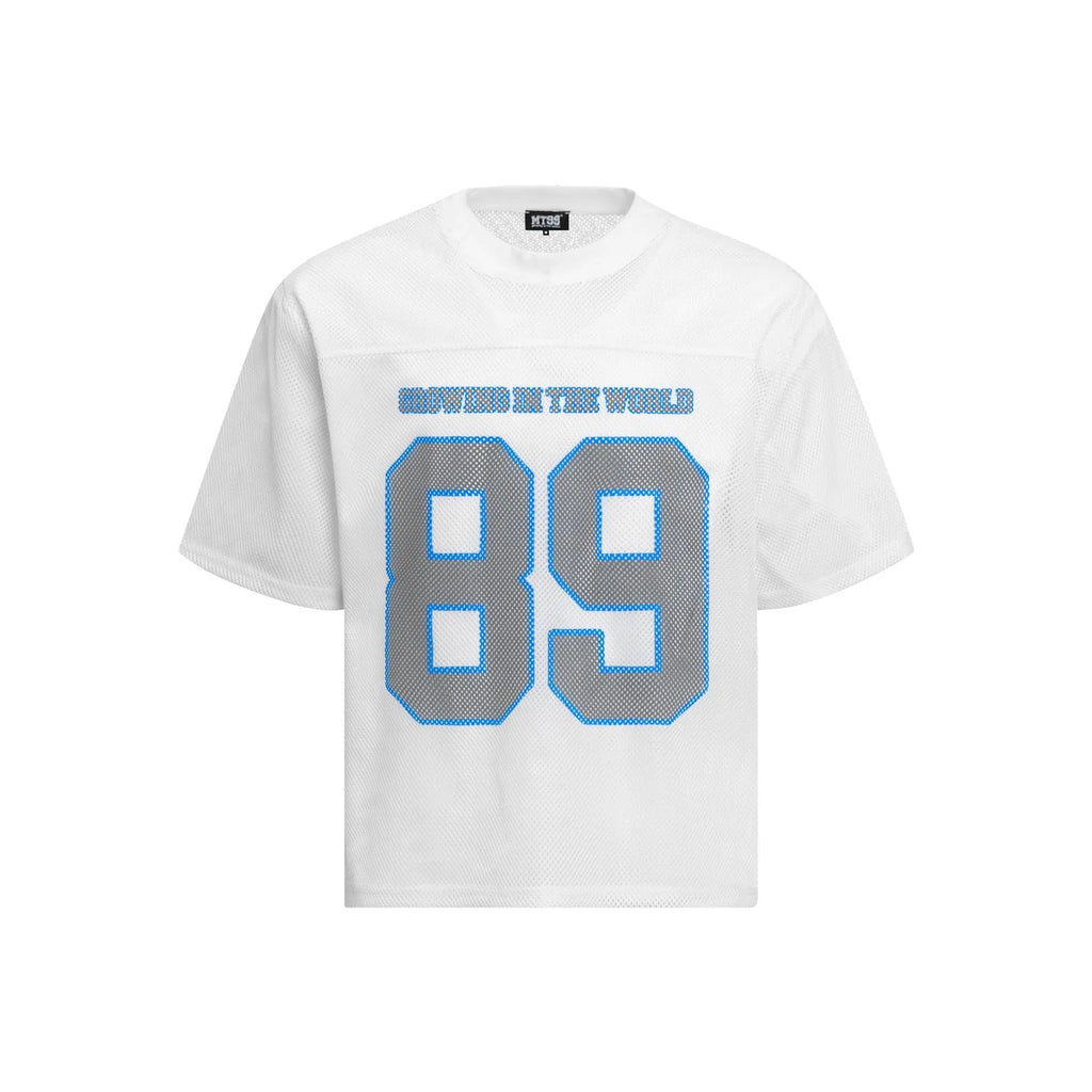 Black loose-fit t-shirt with white alphanumeric graphic print on the front.