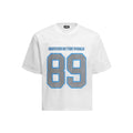 Black loose-fit t-shirt with white alphanumeric graphic print on the front.