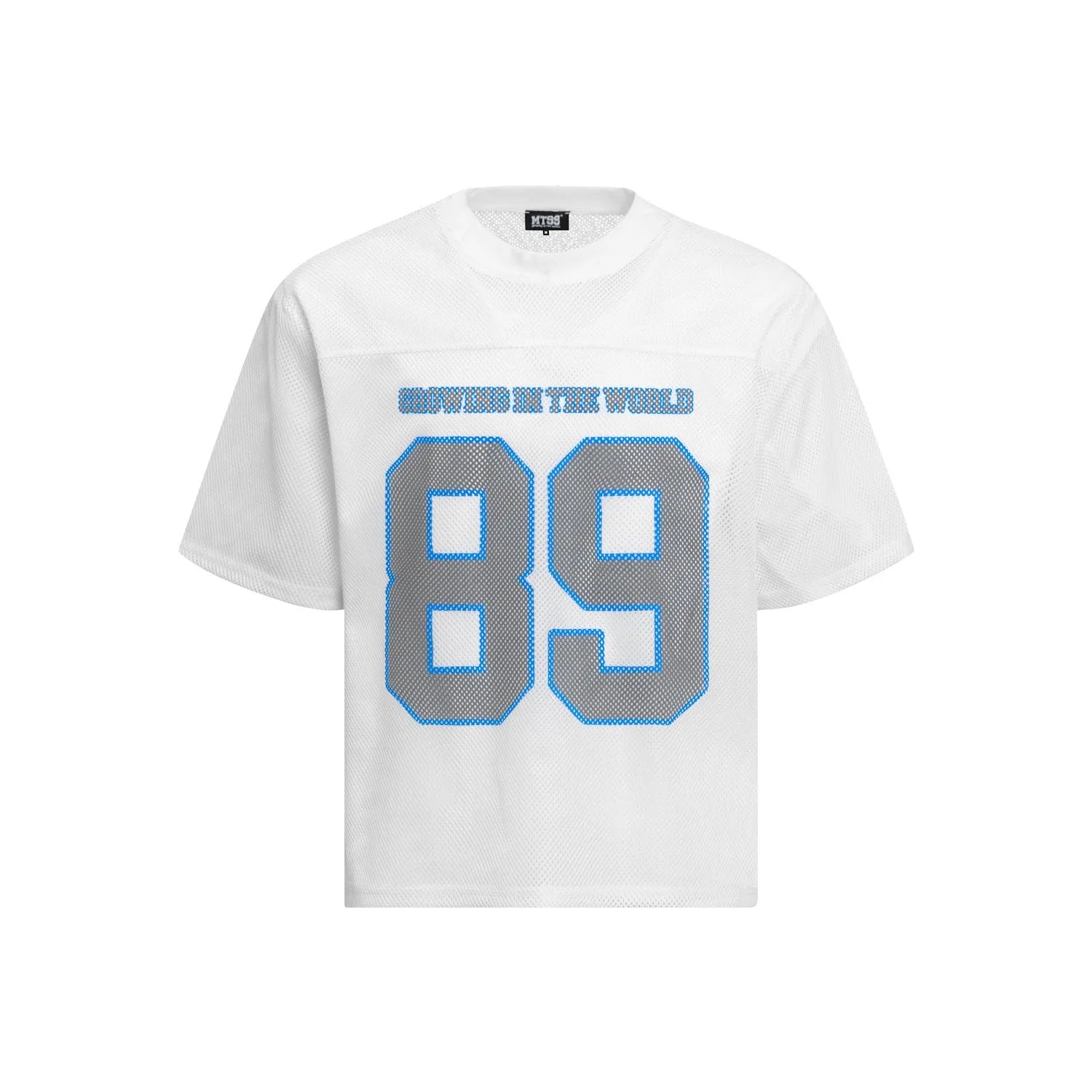 Black loose-fit t-shirt with white alphanumeric graphic print on the front.