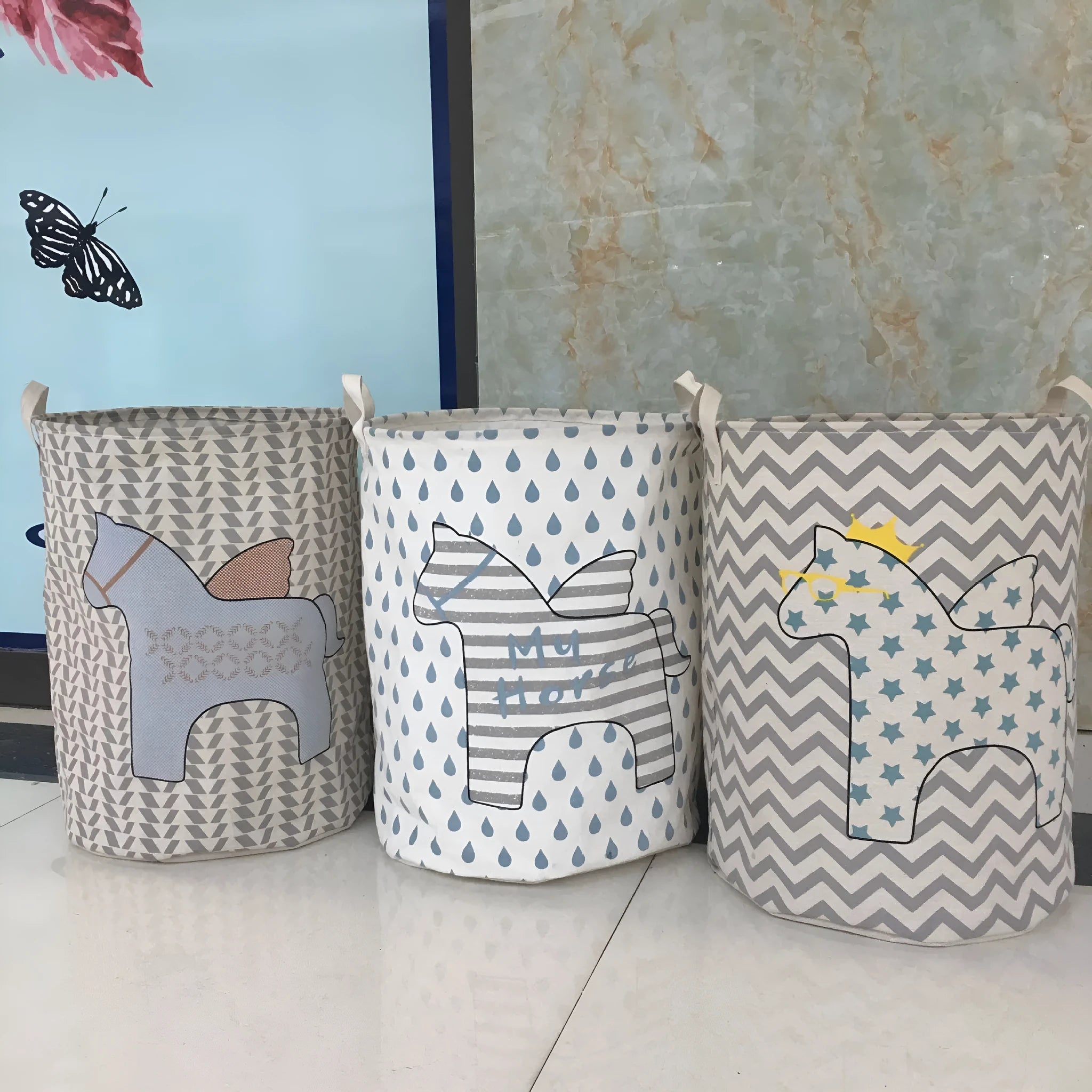 Cotton linen storage bucket with five-pointed star and horse art design, 315g, available in three colours