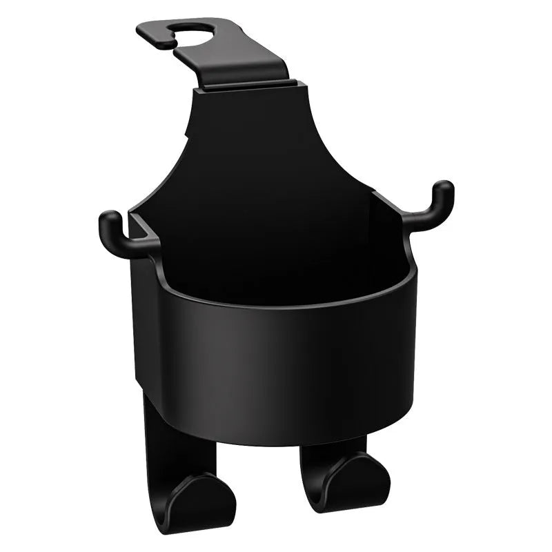 Black plastic car seat back organiser hook with cup holder showing dimensions