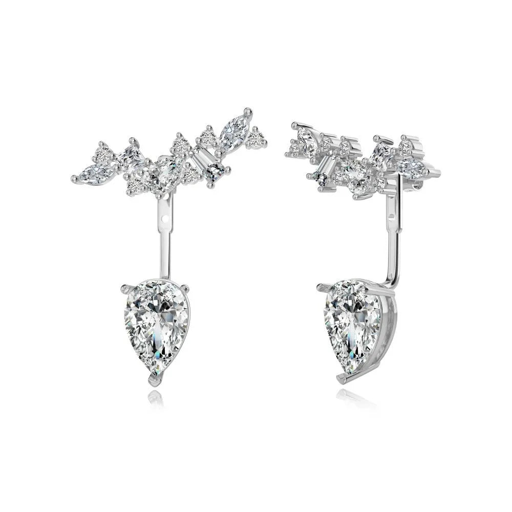 925 sterling silver pear-shaped ice flower cut dual-wear drop earrings in platinum white diamond colour