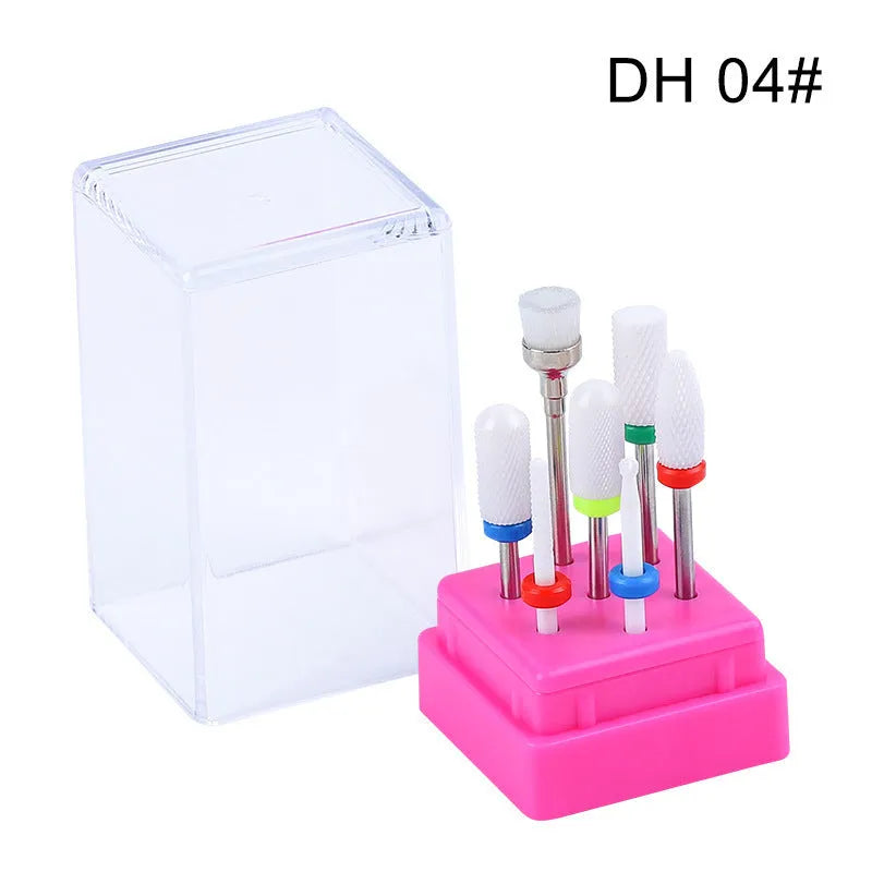 Tungsten steel nail drill polishing head set with 7 bits and a brush in a transparent case.