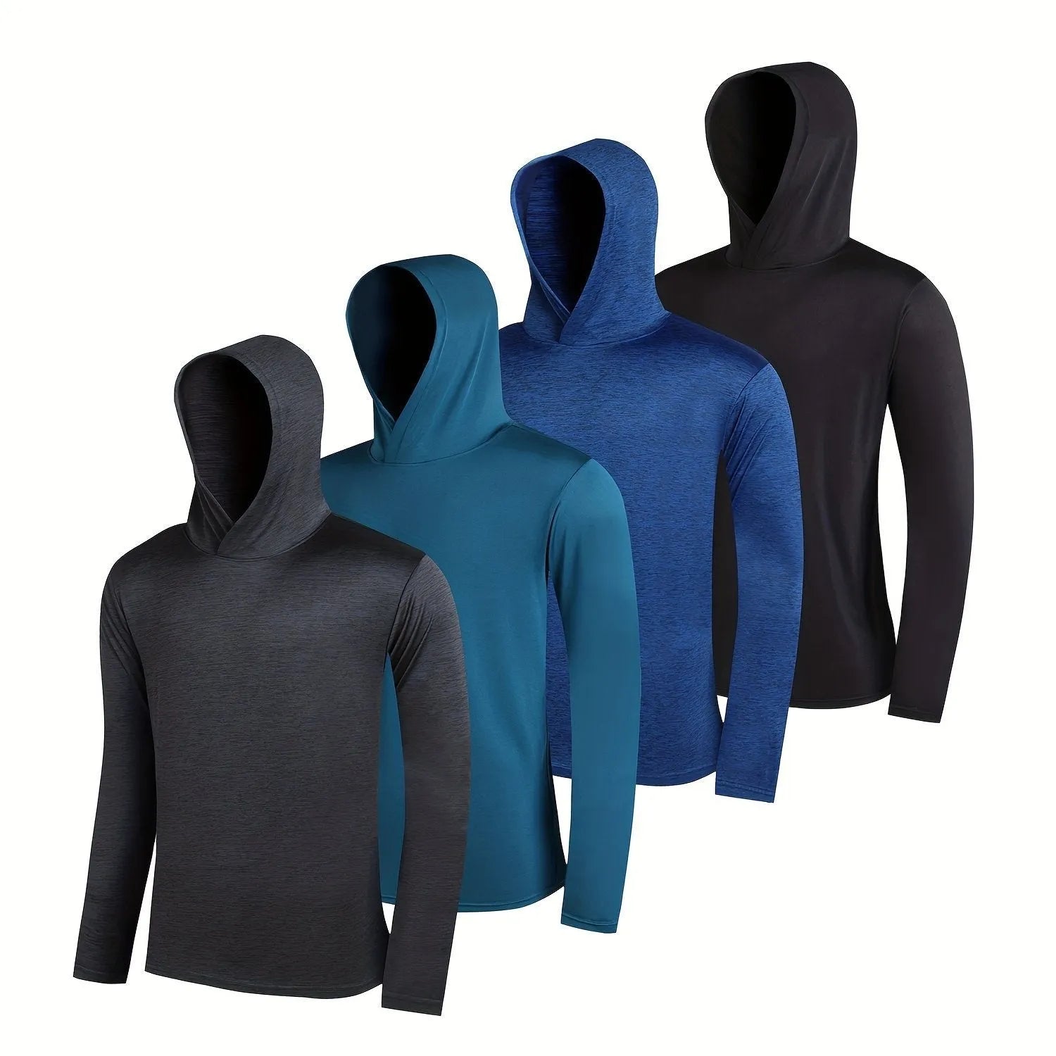Pack of men's lightweight polyester hoodies in assorted colours on hangers