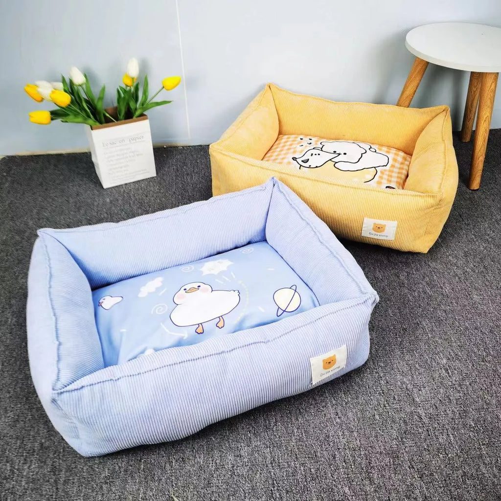 Light blue washable cotton pet winter nest for dogs and cats on a floor.