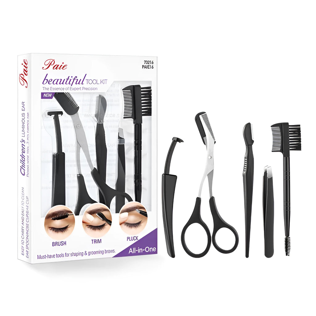 Black eyebrow trimmer set with stainless steel blade and compact 14x10x2cm dimensions