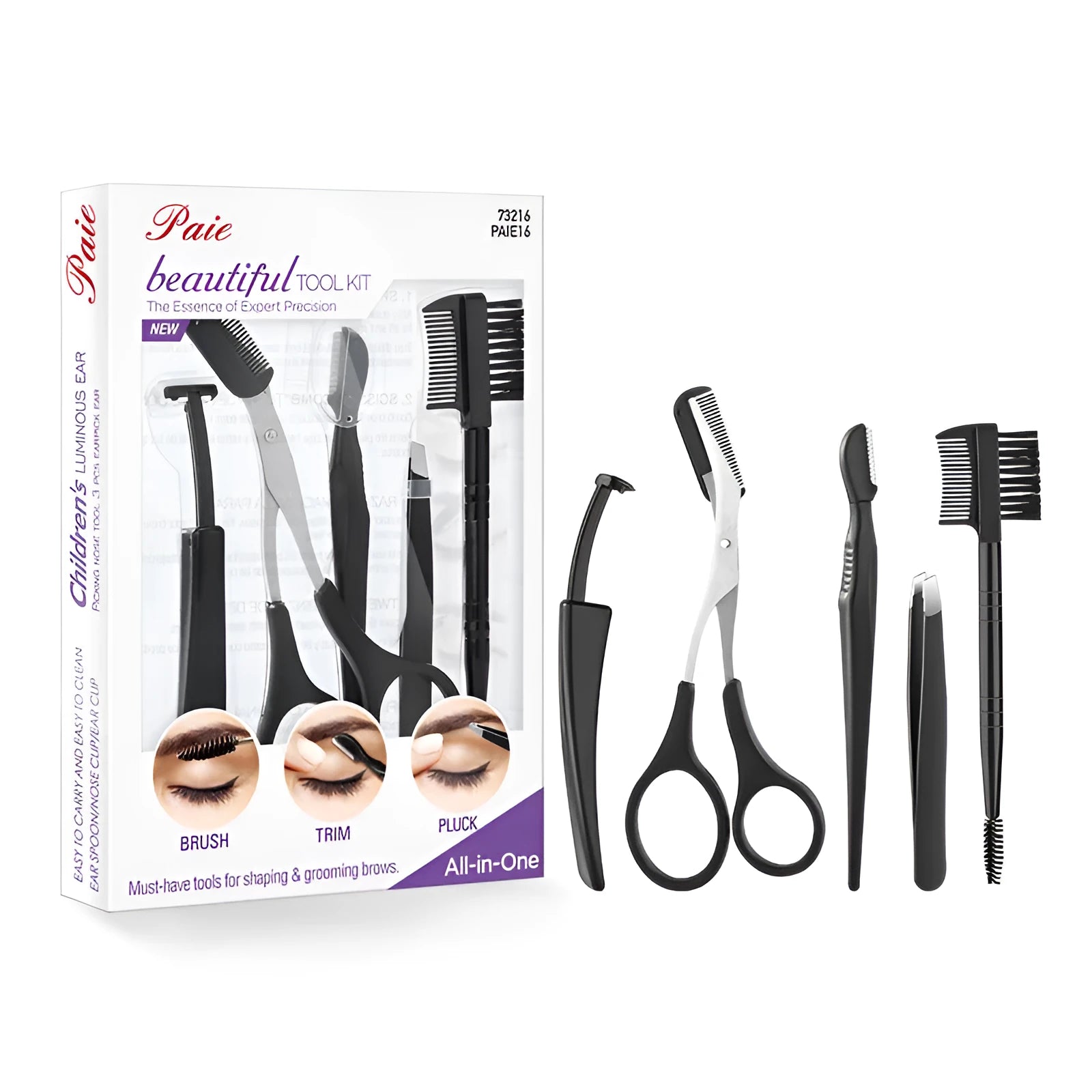 Black eyebrow trimmer set with stainless steel blade and compact 14x10x2cm dimensions