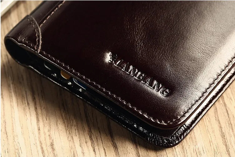 Men's leather wallet showing internal compartments for cards, cash, coins and documents