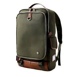 Modern men's backpack in Oxford cloth showing large main compartment, available in army green colour.