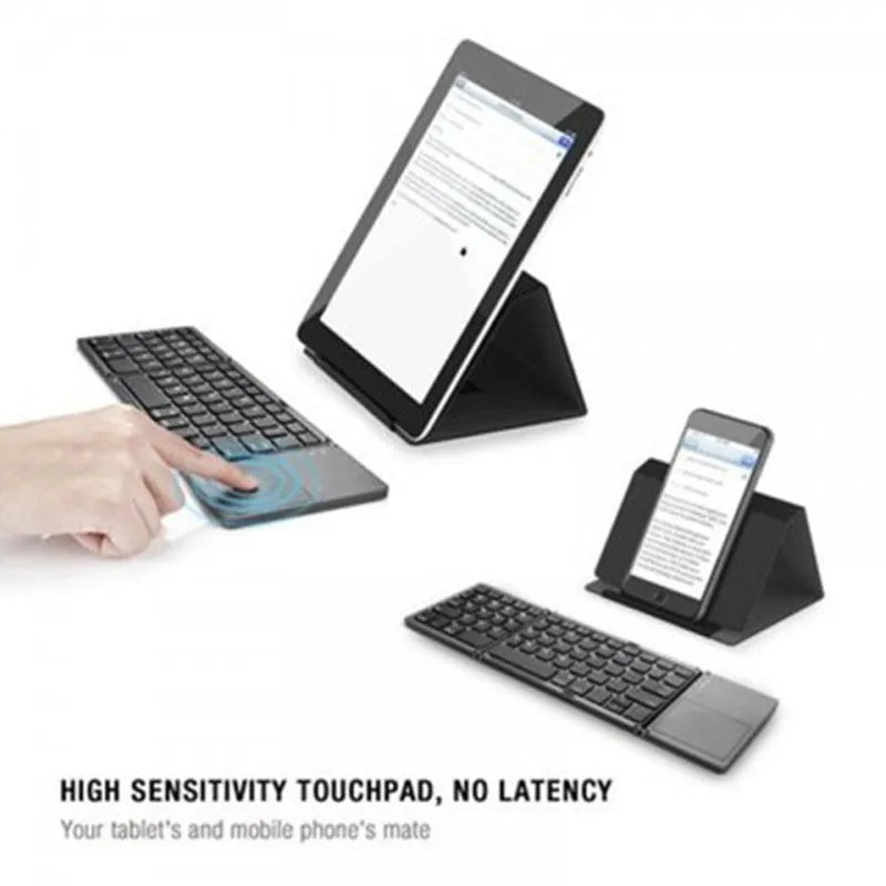 Folding Bluetooth keyboard with 64 ABS keys and black colour, folded for travel