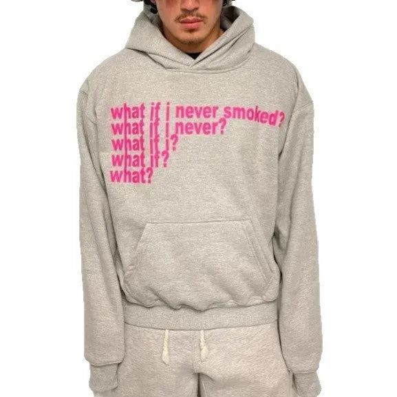 Black heavyweight hooded sweater with a graphic letter print on the front.