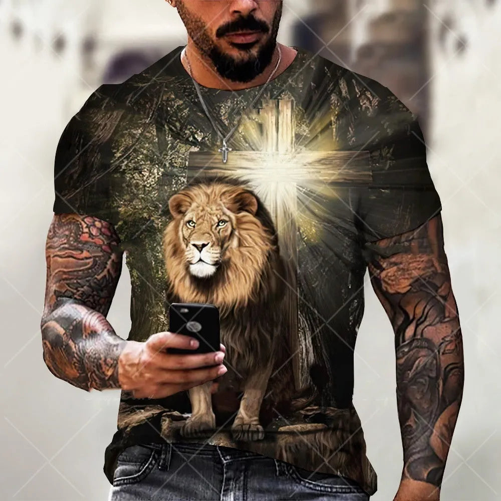 Men's grey t-shirt featuring a raised 3D printed Jesus face pattern on the chest