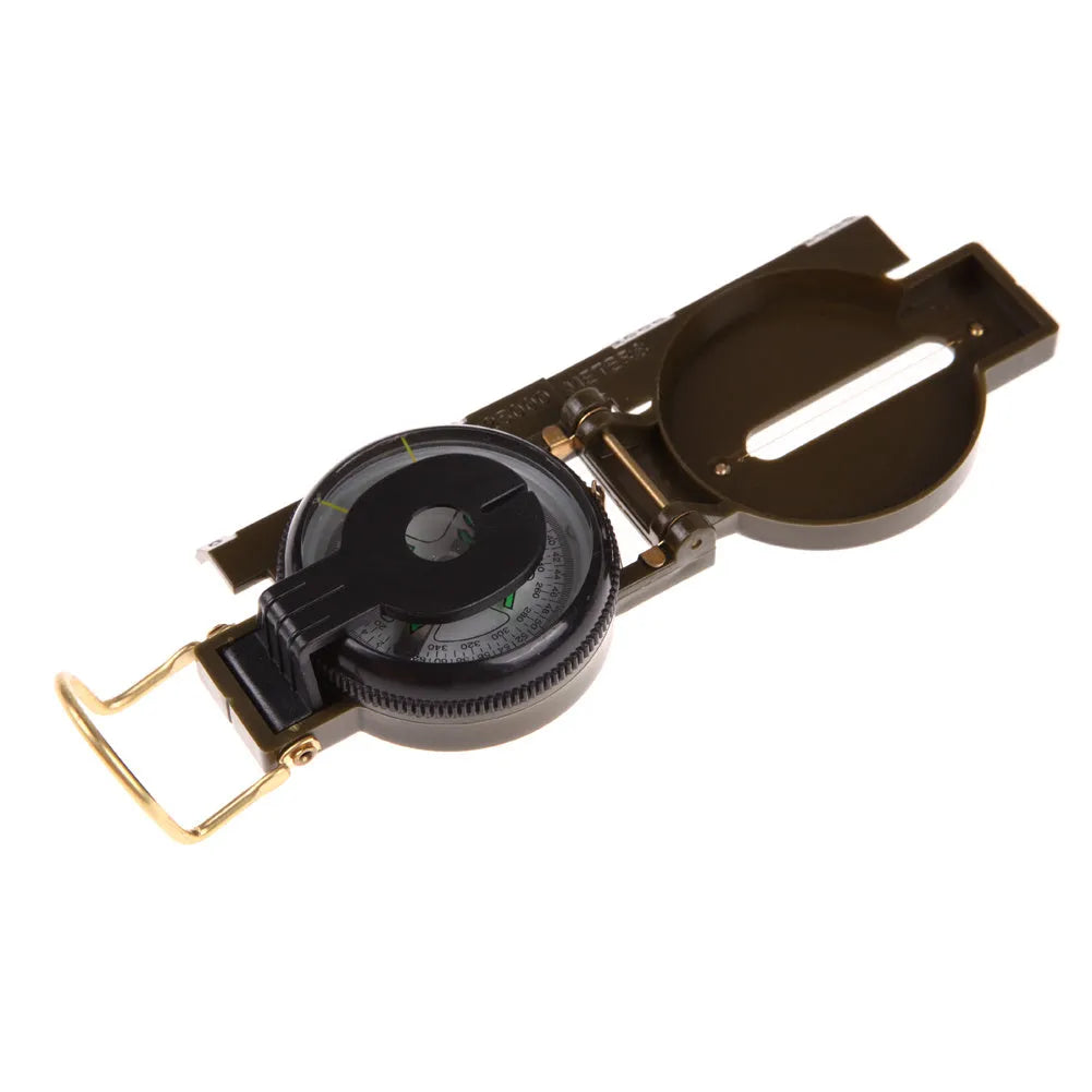 Army Green aluminium alloy compass with kerosene-damped movement open on neutral background
