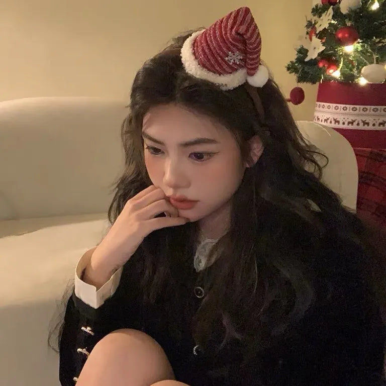 Red handmade plush Christmas headband with jingling bell for women, ins style hair accessory