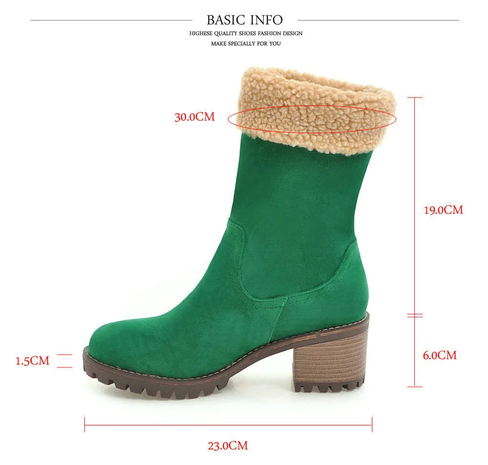 Snow boots with rubber sole and plush lining in black, grey, green, or orange