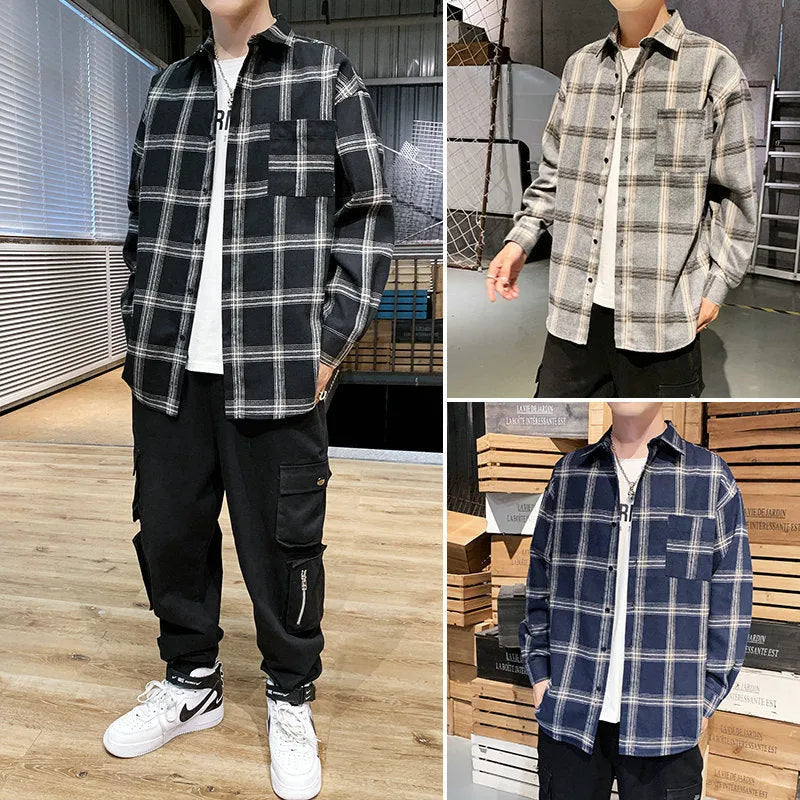 Men's loose fit plaid shirt with long sleeves in polyester fibre, available in black