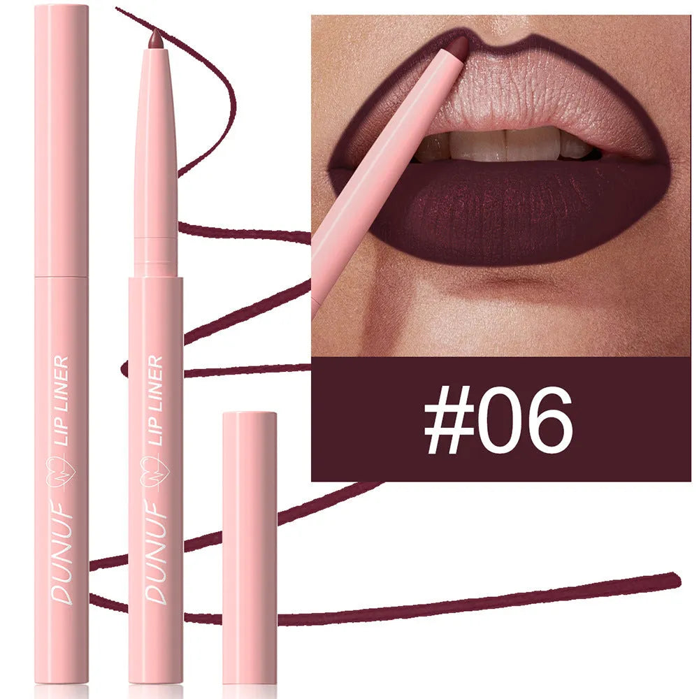 Twelve velvet matte lip liner pencils in a row showing different shades from a 12-colour collection.