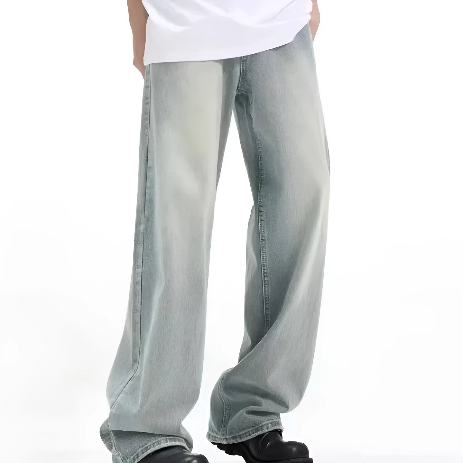 Blue retro loose casual trousers with rabbit fur fabric elastic material shown on mannequin
