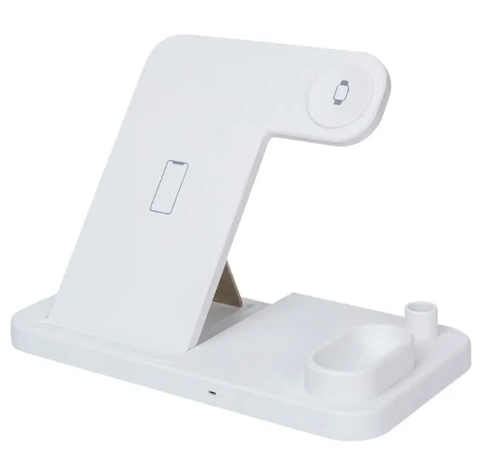 Black and white 4-in-1 wireless charging station showing phone on adjustable stand, Apple Watch, AirPods, and Apple Pencil charging simultaneously.