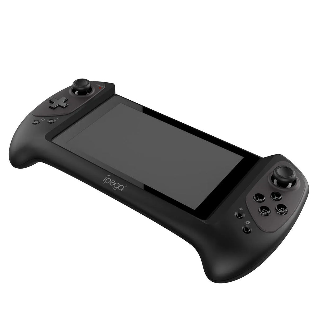 Black wireless gamepad for Nintendo Switch showing ergonomic curved grips and textured joysticks