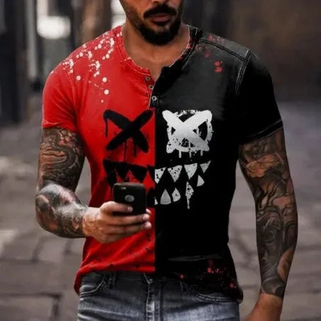 Men's simple lapel button short sleeve sport shirt in polyester fabric on a model.
