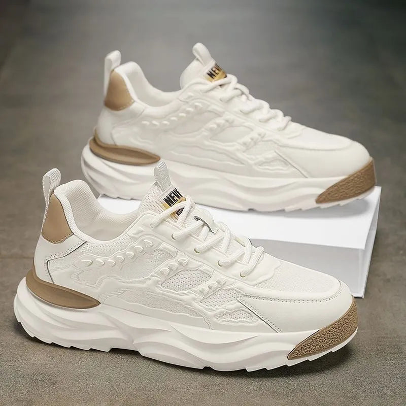 Men's white and black breathable PU mesh casual shoes with round toe, shown in sizes 39-44.