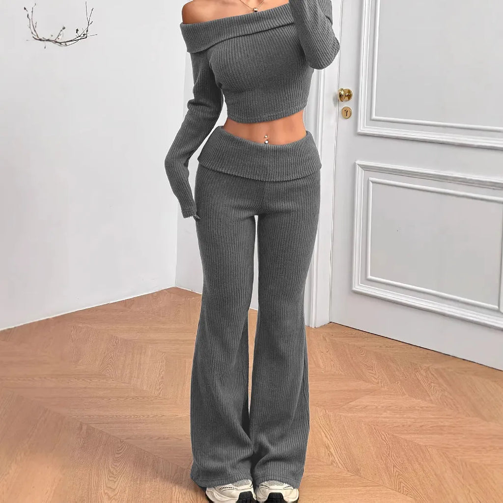 Women's solid gray off-shoulder knitted polyester long sleeve top and flared pants set