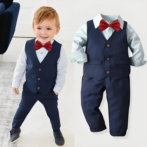 Boys cotton dress suit two-piece set in blue with shirt and trousers, 100% cotton, soft fabric, sizes 90-140cm
