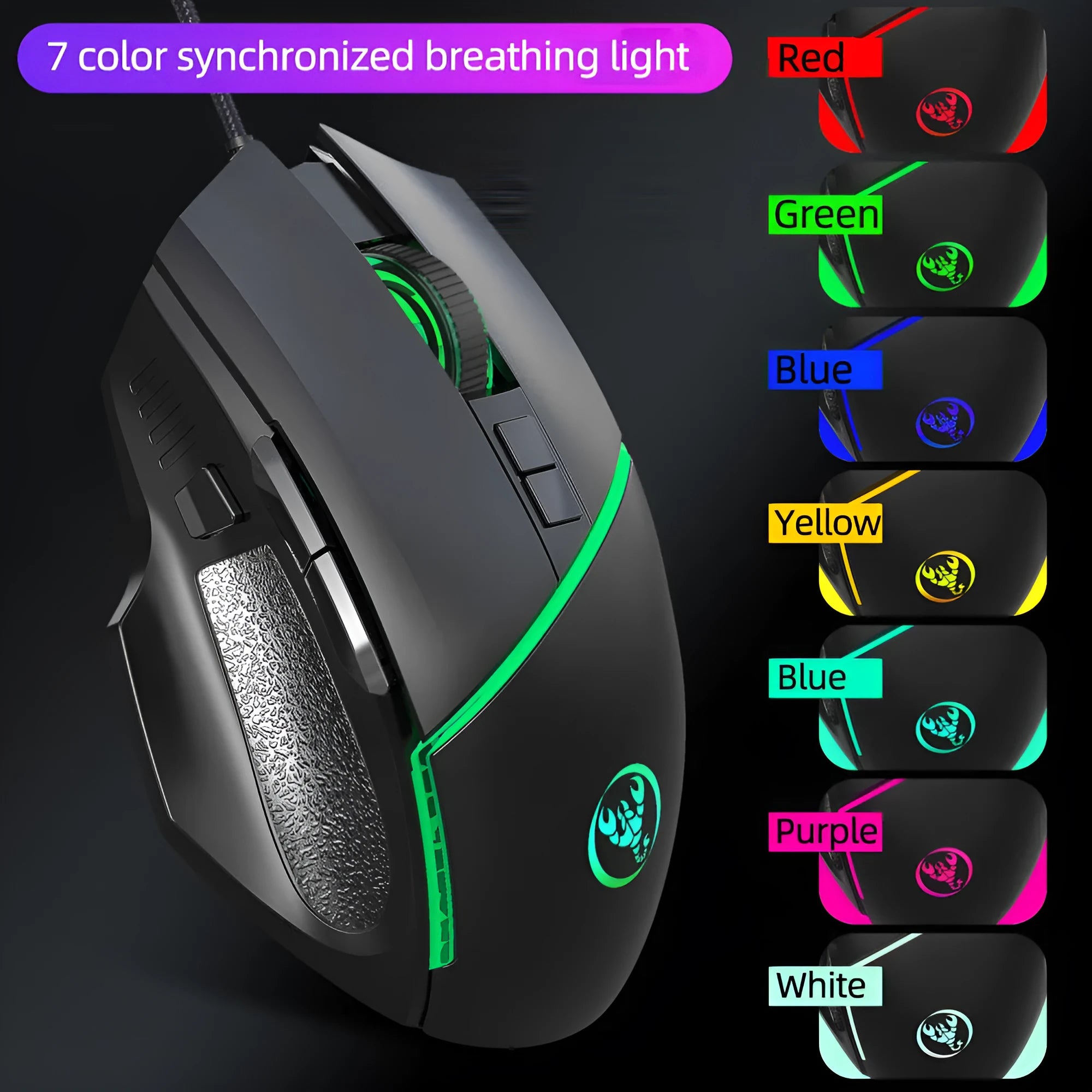 Black wired gaming mouse with 8 buttons, adjustable DPI, and 7-color breathing light on a desk