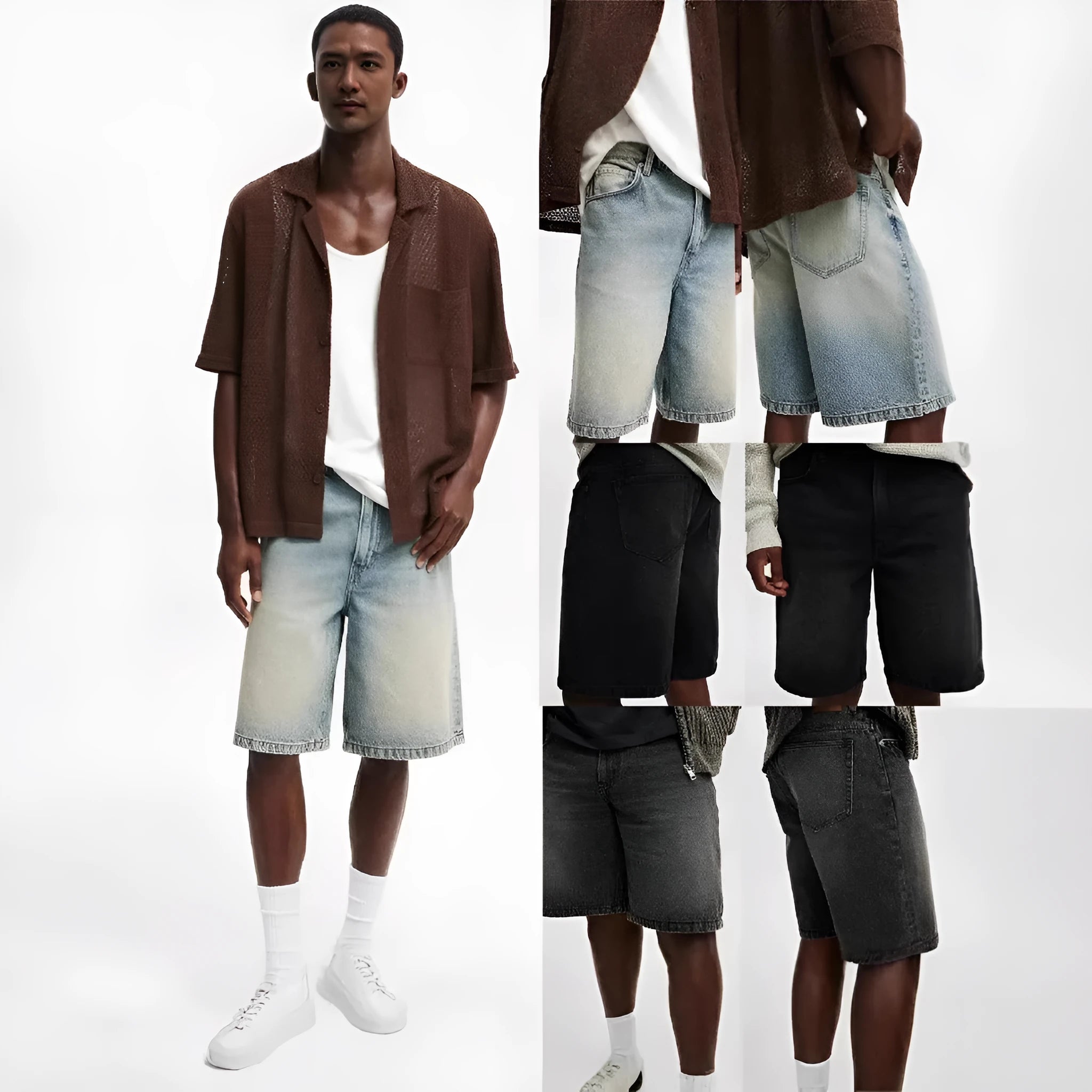 Men's loose straight-leg cotton jeans in light blue, black, or grey colour options.