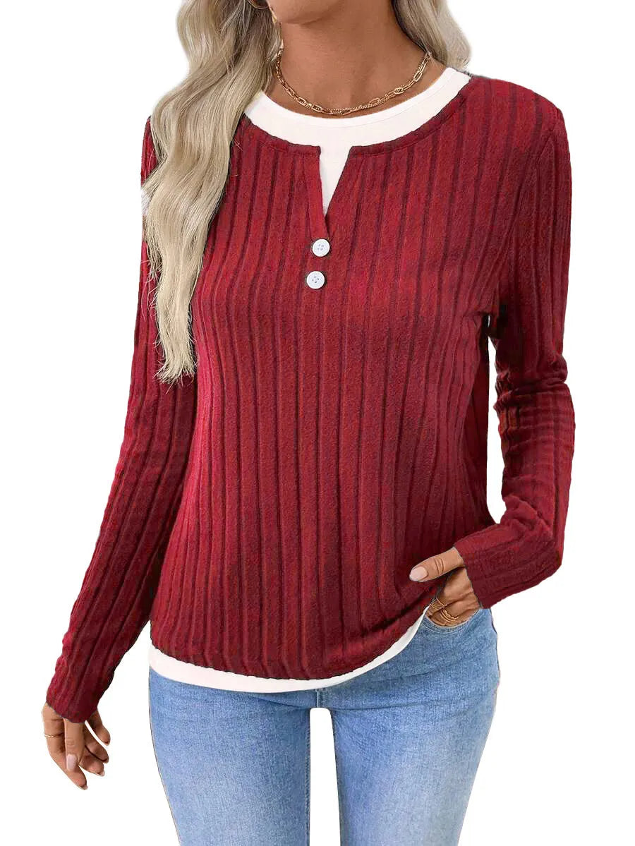 Women's fake two-piece pullover sweater with round neck and button detail in concave stripe polyester